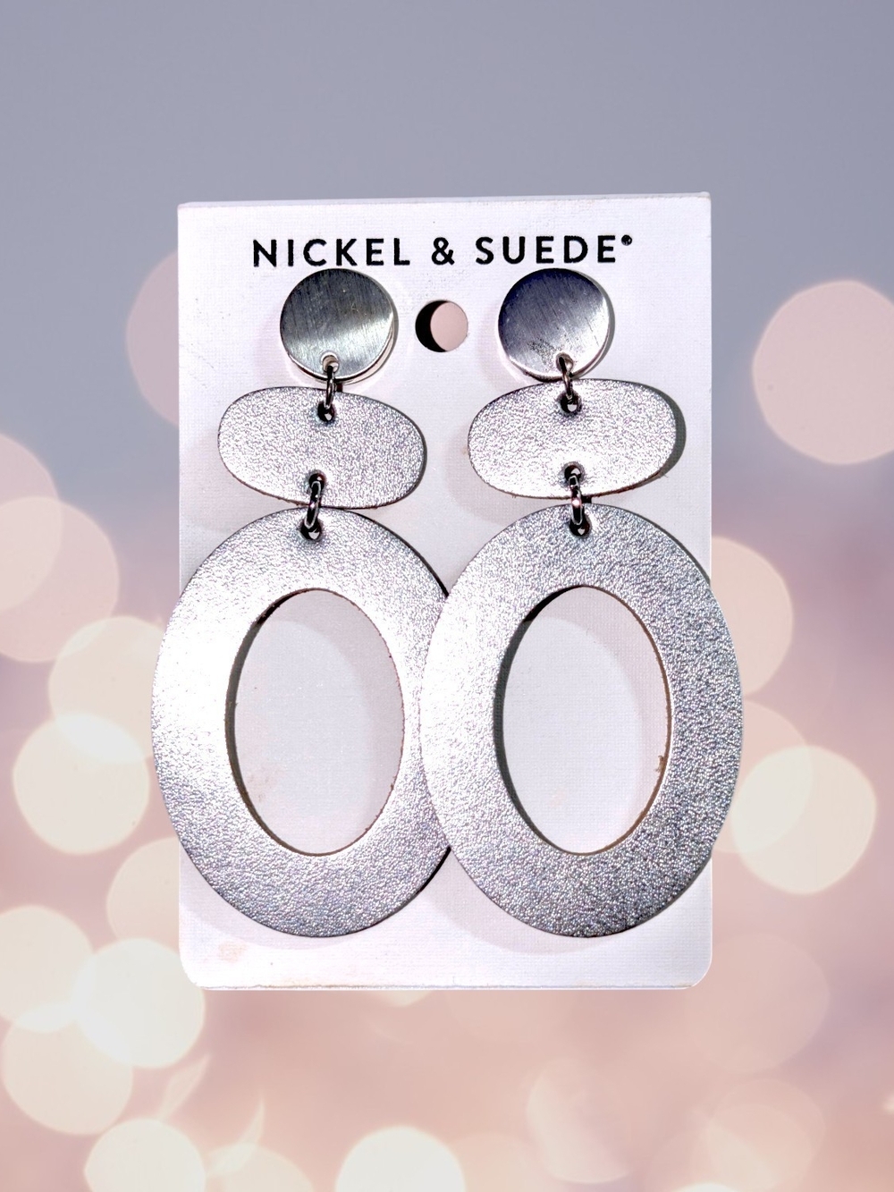 NEW Nickel & Suede Silver Open Oval Dangle Earrings- Metal And Leather